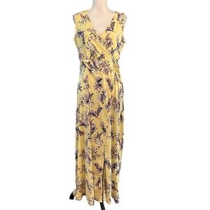 Nina Leonard Sleeveless Faux Wrap Maxi Dress Women’s SZ Large in Yellow Floral